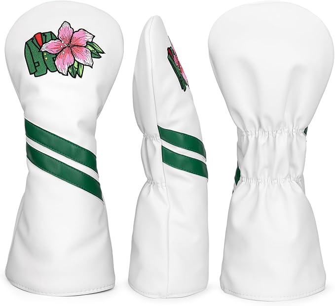Premium PU Leather Driver Cover, Fairway Wood & Hybrid Covers for Men - Hibiscus Flower Embroidered Golf Head Covers for Woods and Driver -1pc or Set White Golf Club Covers