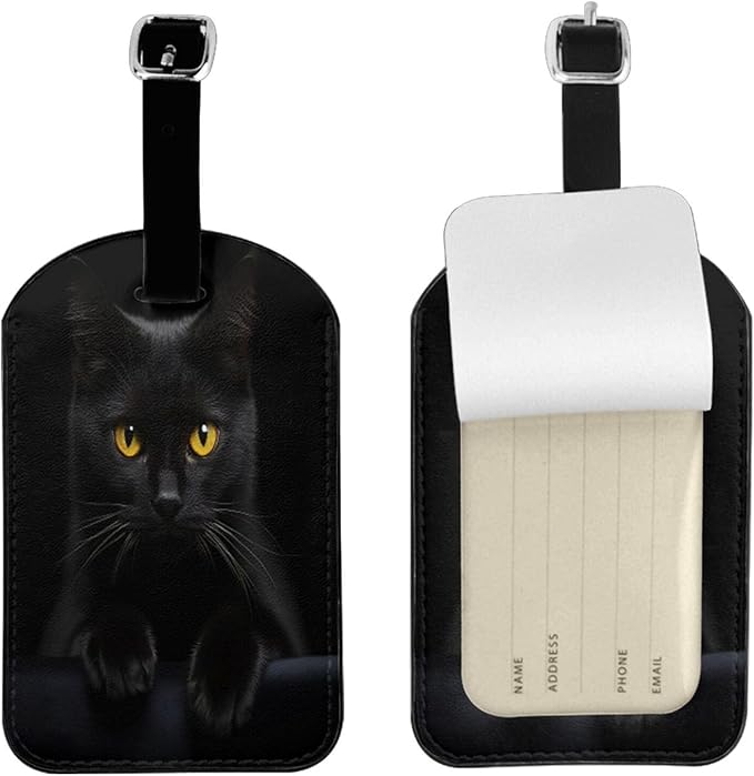 Black Cat Luggage Tag for Suitcases,Cute Kitty Animal PU Leather Baggage Tags Bag Tags Travel Id Label for Luggage Women Men -1 Piece