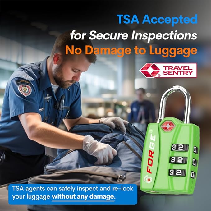 Forge TSA Luggage Combination Lock - Open Alert Indicator, Easy Read Dials, Alloy Body- Ideal for Travel, Lockers, Bags (Green 2Pk)