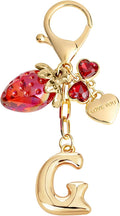 Snycler Bubble Initial Keychain with Strawberry & Bow- Gold Letter Bag Charms for Women, Cute Purse Handbag Accessories