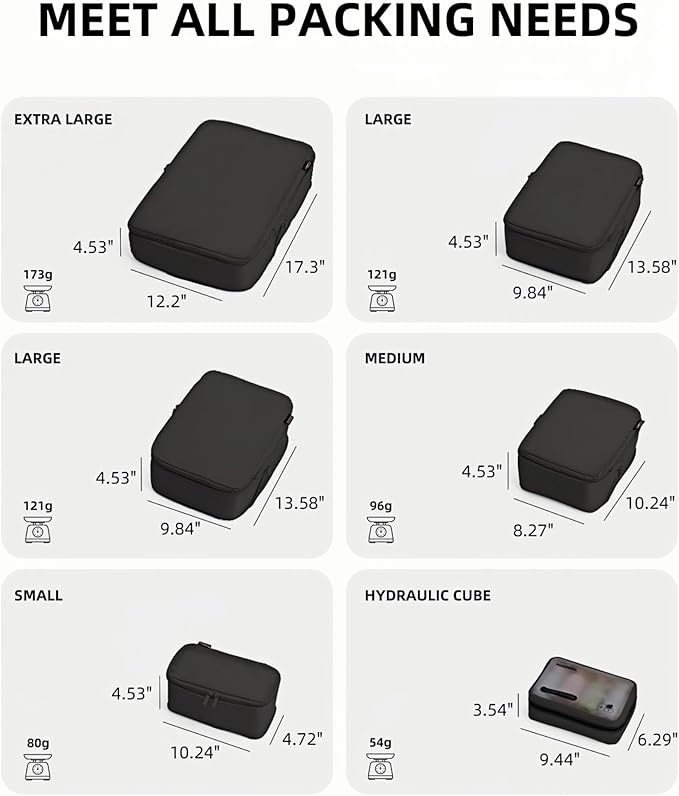 6 Set Compression Packing Cubes for Travel, Large Medium Small Luggage Organizers, Storage Bags for Clothes and Essentials (6 Pack, Jet Black)