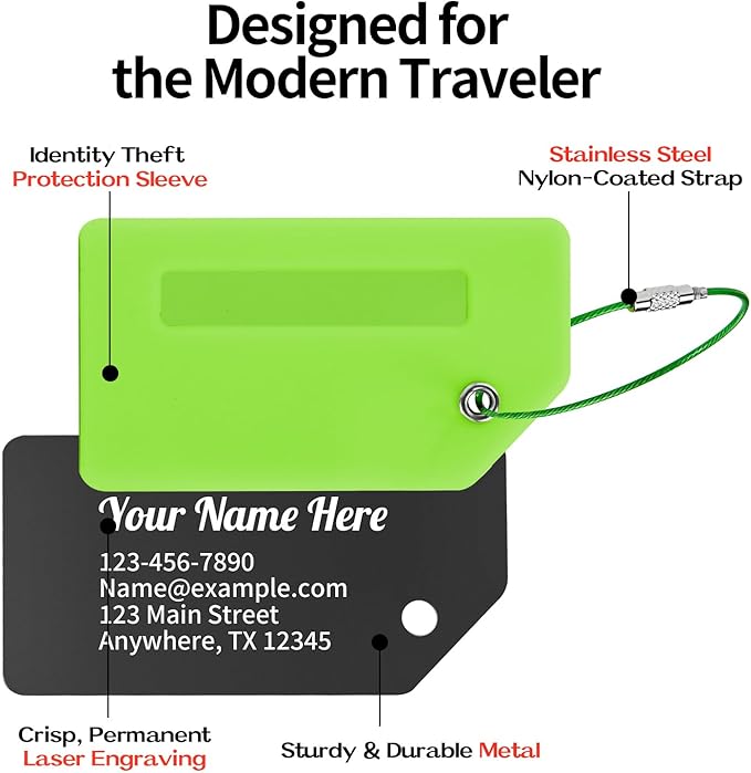 Personalized Luggage Tags for Suitcases, Custom Metal Luggage Tag for Bag with Silicone Sleeves, Durable Travel Tags, Laser Engrave Name Text, Gift for Travelers, 3.5x2 Inches (Fluorescent Green)