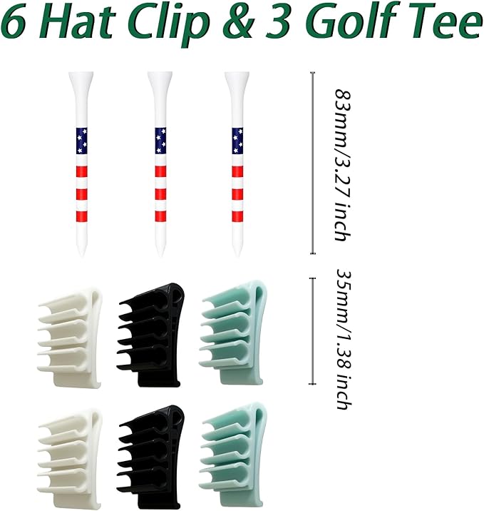6 PCS Hat Clip Golf Tee Holder (with 3pc Tee) Golf Tee Holder Hat Clips Fits Hat Brim & Visor - Stores 3 Golf Tees for Quick Access (Black+White+Blue)