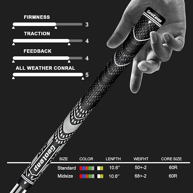 Geoleap Golf Grips Set of 13- Cord Rubber Compound Material, Hybrid Golf Club Grips, All Weather Performance.