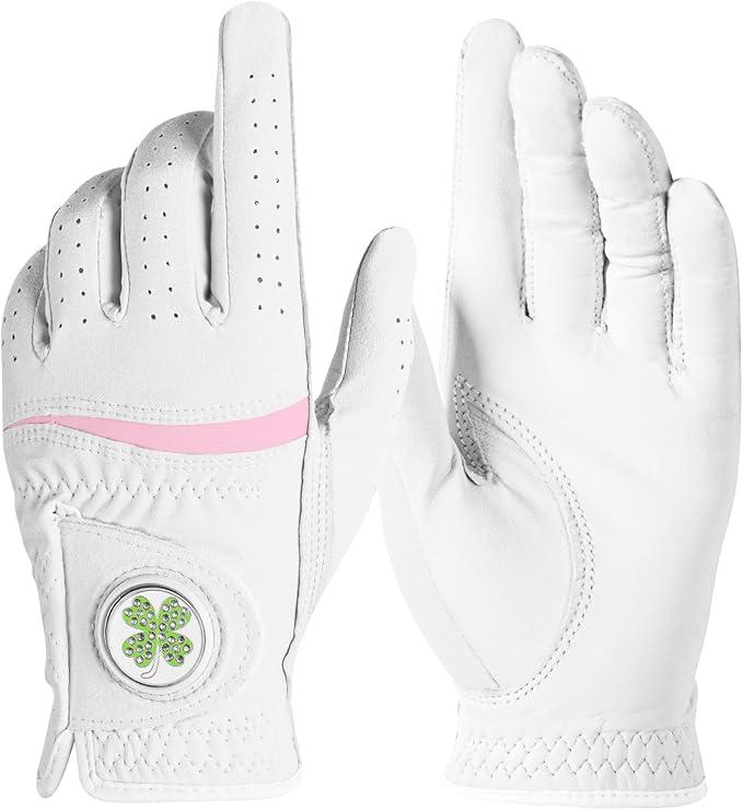 Womens Golf Glove with Clover Ball Marker 1 Pack, All Weather Grip Microfiber & Leather Gloves for Ladies, Comfortable Breathable Fit for Left Hand or Right Hand in White Pink