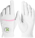 Womens Golf Glove with Clover Ball Marker 1 Pack, All Weather Grip Microfiber & Leather Gloves for Ladies, Comfortable Breathable Fit for Left Hand or Right Hand in White Pink