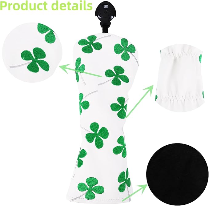 Golf Club Head Covers, 1pc Driver Headcover Fairway Wood Head Cover Hybrid Headcover or 3pcs Golf Headcovers Set 1 F H, Lucky Clover Golf Club Covers for 3 Wood, Drivers, Hybrids