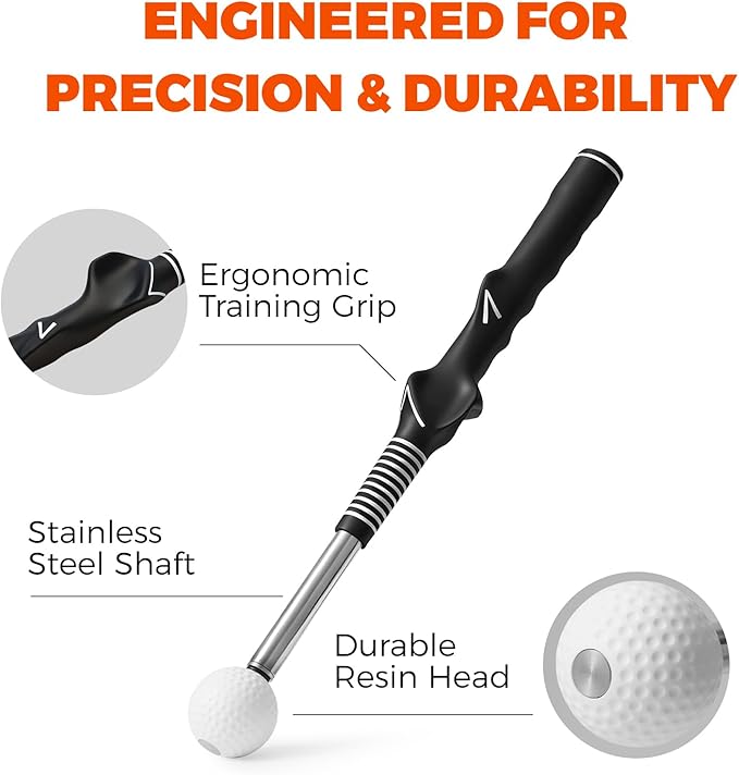 Golf Swing Trainer – Retractable Click Stick Grip & Tempo Trainer for Right-Handed Golfers, Stainless Steel Shaft Golf Training Aid for Indoor & Outdoor Swing Practice