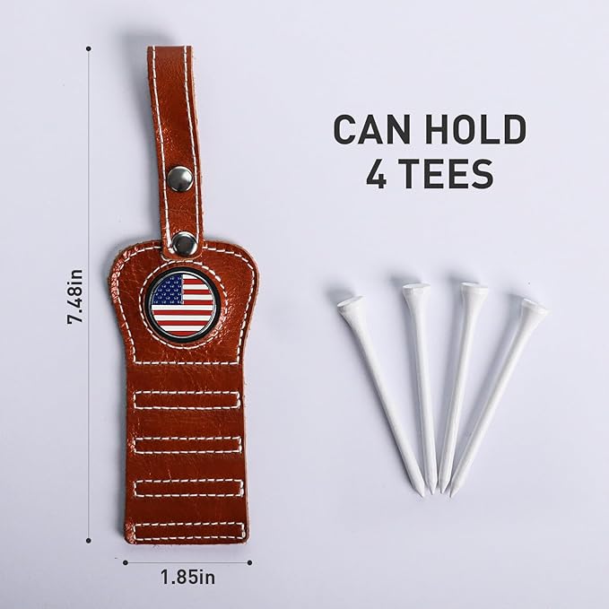 Golf Tee Holder with USA Ball Marker 4 Pcs White Wood Tees, Portable Hold Different Tee Leather Gift Hook Hanging Clip to Golf Bag Belt