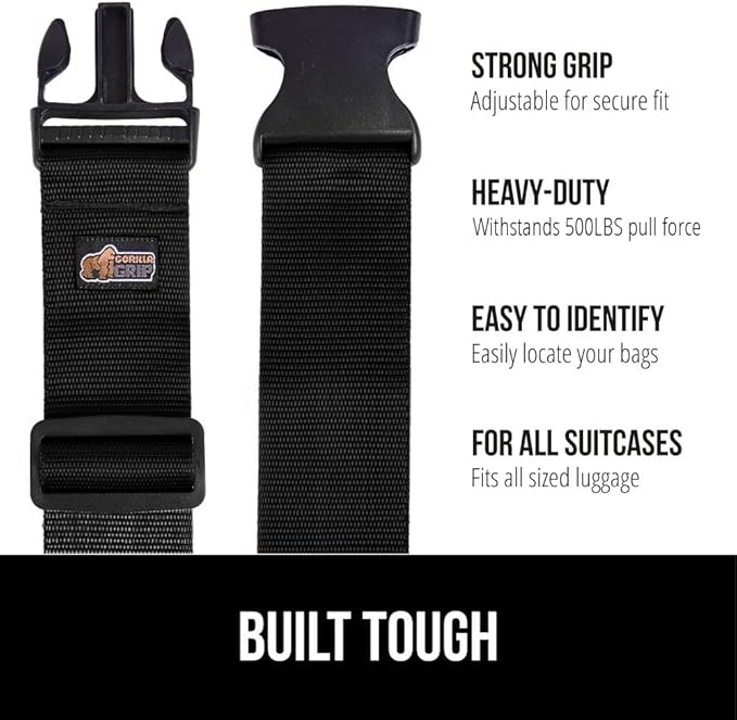 GORILLA GRIP Heavy Duty 8 Pack Adjustable Luggage Straps for Suitcases, Easy to Identify Travel Belt Connector Holds Suitcase Together, Extends Life of Bag, Strap Connects Two Bags, Accessories, Black