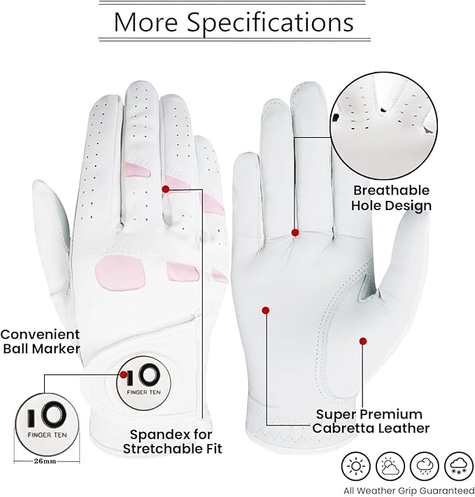 FINGER TEN Golf Gloves Women Leather Glove with Ball Marker for Ladies - Enhanced Grip, Comfort & Durability for Female Golfers
