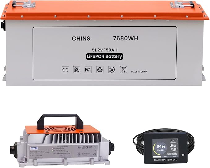 CHINS 48V 150Ah Lithium Golf Cart Battery with 48V 18A Lithium Charger, Built-in Smart 200A BMS, with Touch Monitor & Mobile APP, 4000+ Cycles Rechargeable LiFePO4 Battery, Max 10.24kW Power Output