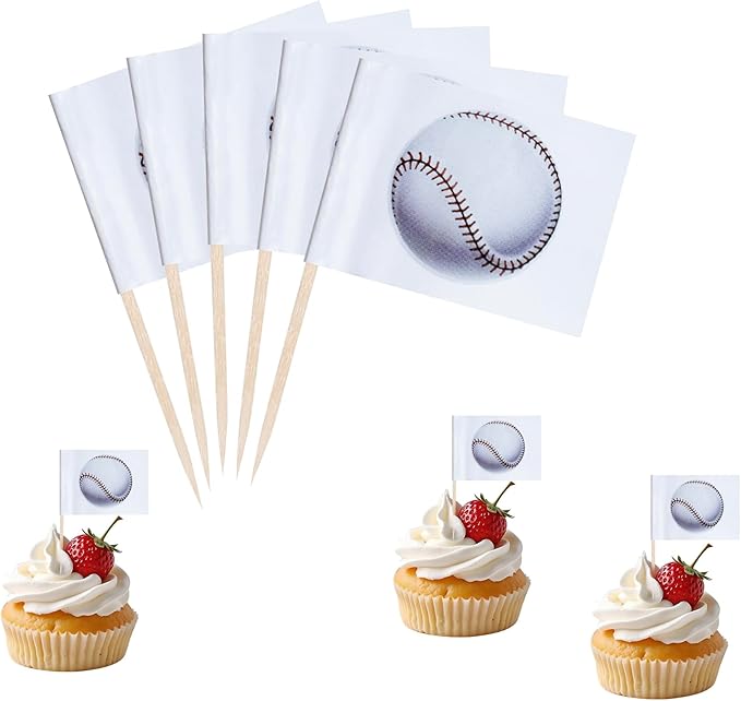 Baseball Cupcake Topper Flags Banner Mini Small Sports Balls Toothpick Stick Flags Sports Ball Game Cake Party Theme Decorations(100Pcs)