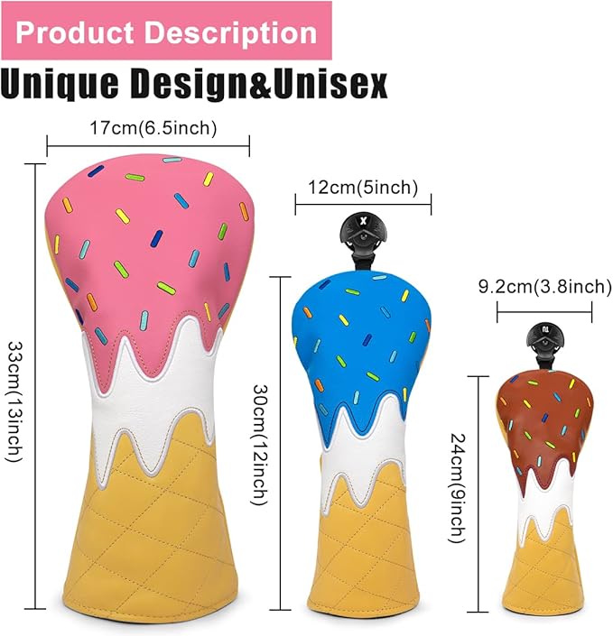 Golf Wood Head Covers Driver Cover 3 Wood Headcover Hybrid Head Covers Embroidery Ice Cream Design Golf Club Headcovers Leather Hand-Made Wood Head Cover