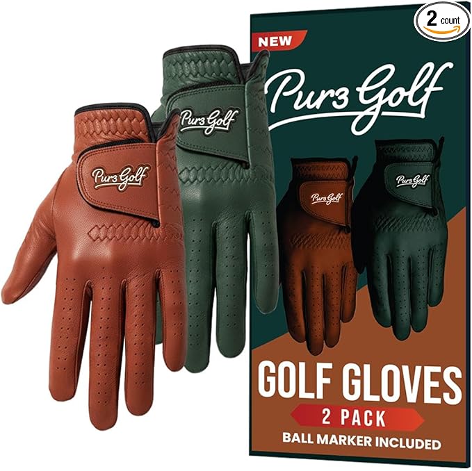 PUR3 Cabretta Leather Golf Gloves Men | 2 Pack Heritage Collection | Includes Ball Marker | Golf Glove Men Left Hand and Right Hand