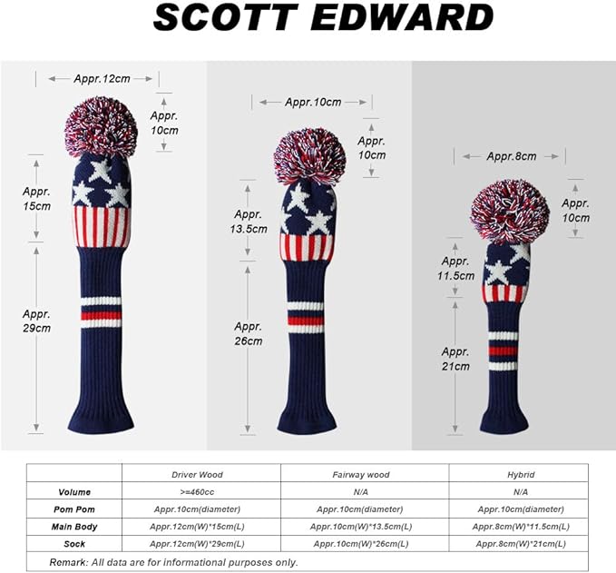 Scott Edward Knit Wood Golf Club Head Covers 4 Pieces Knitted Item Fit Over Well Driver Wood(460cc) Fairway Wood and Hybrid(UT)