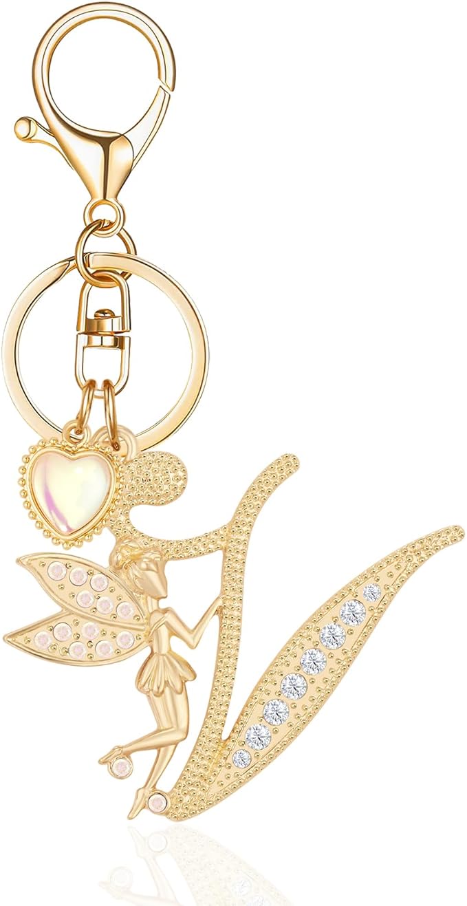 Gold Plated Alphabet Initial Letter Keyring Keychain for Women Girls Crystal Key Chains for Wallet Backpack Bag Charm