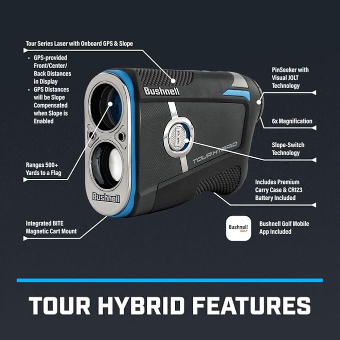 Bushnell Golf Tour Hybrid GPS Laser Rangefinder with Vice Balls | Slope Compensation, Magnetic Mount, Front/Middle/Back Distance, 1300 YD Range, PinSeeker | Signature Series Golf Towel