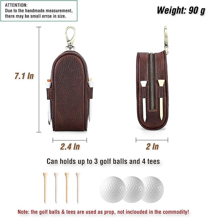 Top Grain Genuine Leather Golf Ball Pouch Holder, Vintage Design, Handmade No Logo, Portable and Holds Up to 3 Balls & 4 Tees, Golf Accessory Gift for Man & Woman