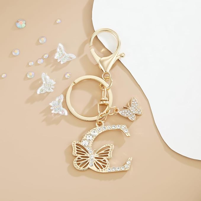 Gold Plated Alphabet Initial Letter Keyring Keychain for Women Girls Crystal Key Chains for Wallet Backpack Bag Charm