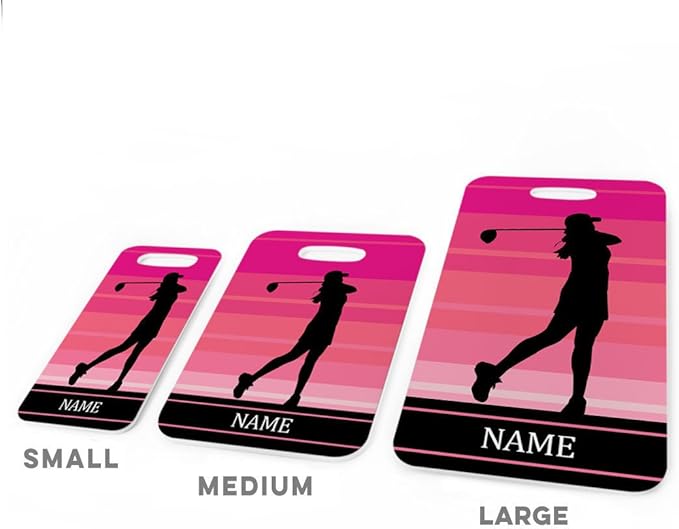 ChalkTalkSPORTS Golf Luggage & Bag Tag | Personalized Female Golfer | Standard Lines on Back | Medium | Pink
