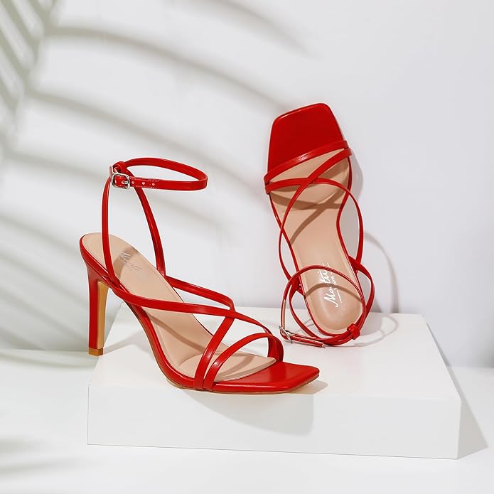Mostrin Strappy Heels for Women Square Open Toe Lace Up Heeled Sandals Ankle Strap Sexy Stiletto High Heels for Party, Prom, Dating, Wedding