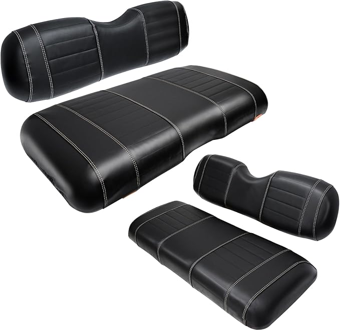 Golf Cart Seat Covers fits Club Car Precedent/DS/EZGO RXV/TXT/Yamaha Front Rear Seat Cushion，Black Leather Custom Stripe Soft Comfortable/Anti-Scratch/Easy to Clean