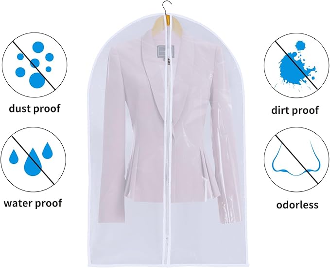 6 Pack Long Garment Bags (24x60") - Dustproof Gown Covers - Durable PEVA Hanging Bags with Sturdy Zipper for Maxi Dresses, Long Coats & Dance Costumes (Translucent)