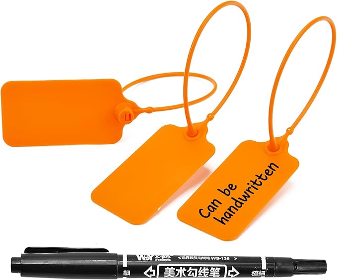 100pcs Luggage Tags Plastic Seals Shipping Label Logistics Sign Tie Bag Tag, Sealing Storage Multi Purpose Name ID Tag with Marker for Suitcases, Backpack, Schoolbag, Car Key (Orange)