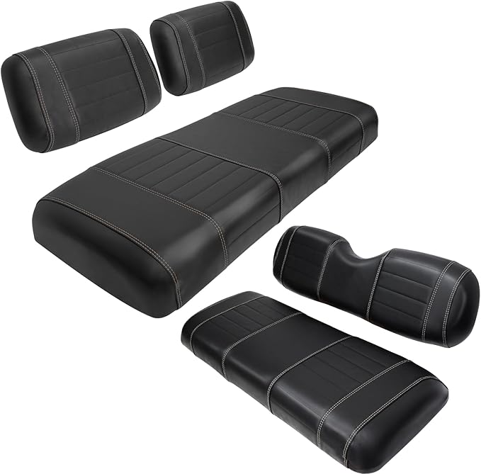 Golf Cart Seat Covers fits Club Car Precedent/DS/EZGO RXV/TXT/Yamaha Front Rear Seat Cushion，Black Leather Custom Stripe Soft Comfortable/Anti-Scratch/Easy to Clean