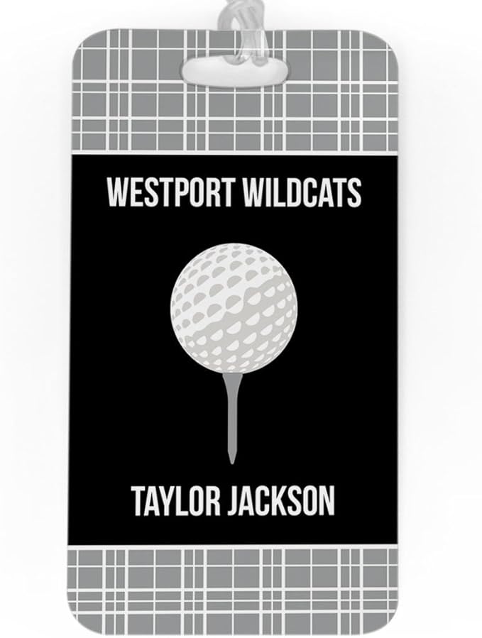 ChalkTalkSPORTS Golf Luggage & Bag Tag | Personalized Team with Golf Ball | Standard Lines on Back | Large | Gray/Black