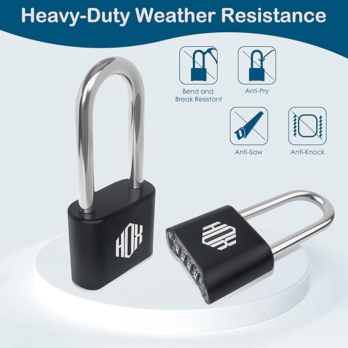 HOX 4 Digit Heavy Duty Combination Lock, 2.7 Inch Long Shackle, Outdoor Waterproof Padlock for School Locker, Gym Locker, Hasp Storage, Fence (Black, 4 Pack)