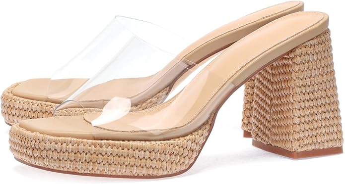 Monrovia Womens Sandals Heels for Women Slide On Block Chunky Platform High Heels Open Toe Raffia Wedge Sandals