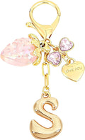 Snycler Bubble Initial Keychain with Strawberry & Bow- Gold Letter Bag Charms for Women, Cute Purse Handbag Accessories