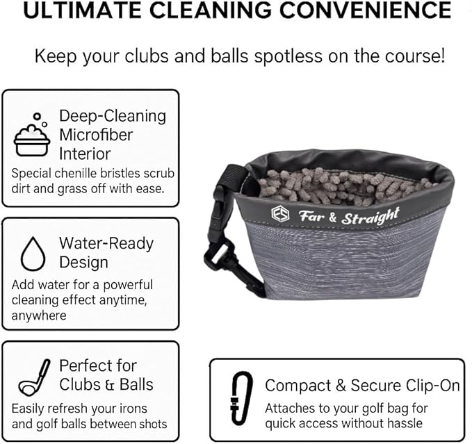 FAR&STRAIGHT Golf Club & Ball Cleaning Pouch – Soft Microfiber Interior for Gentle Cleaning – Clip-On, Waterproof Bag