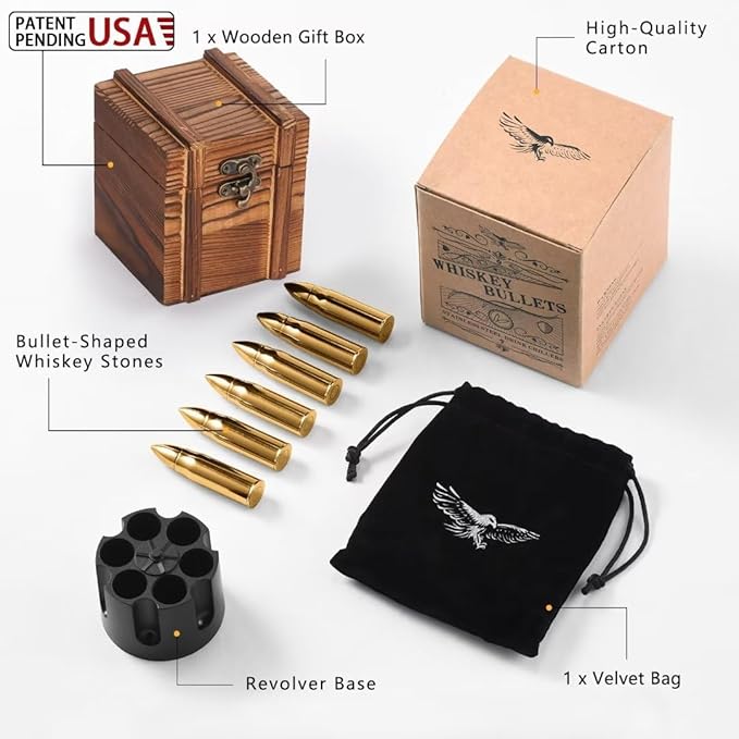 Gifts for Men Dad, Birhtday Gift from Daughter Son Wife Kids, Whiskey Stones with Wooden Box, Christmas Stocking Stuffers, Unique Ideas for Him Husband, Cool Bourbon Gadget