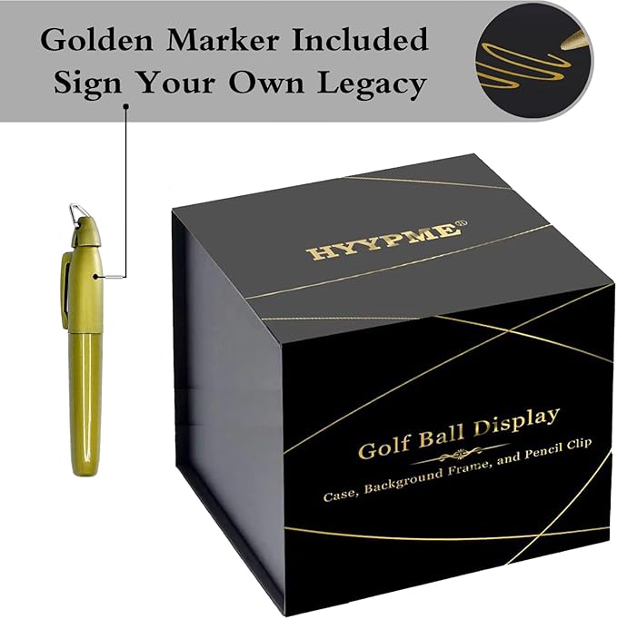 Golf Ball Display Case for Golfer w/ Golden Marker. Black Ball Throne with Golden Stamp. 2X Background Frames on Each Side of Cambered Cover. Pencil Holder, Adhesive Dots are All Included, No Assembly