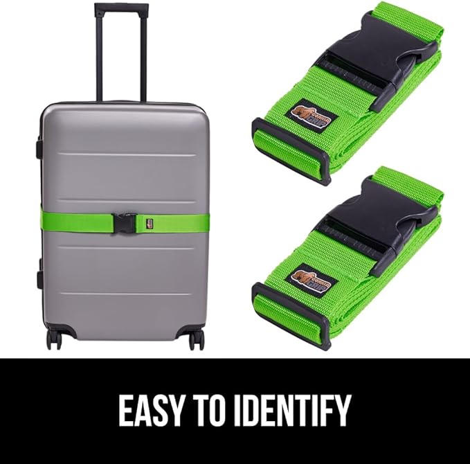 GORILLA GRIP Heavy Duty Adjustable Luggage Straps for Suitcases, Easy to Identify Travel Belt Connector Holds Suitcase Together, Holiday Travel Gift, Stocking Stuffer, Accessories, 2 Pack Green