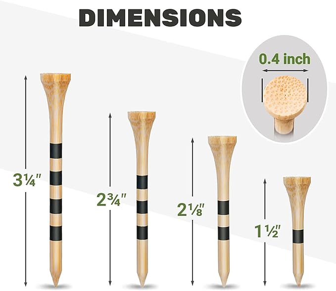 SAPLIZE Bamboo Golf Tees Pack of 100 or 150, Four Size Options (3-1/4", 2-3/4", 2-1/8", 1-1/2"), Stable and Reliable Golf Tees, Available in Natural Color