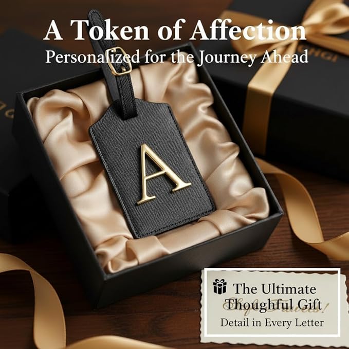 Personalized Initial Letter Luggage Tag for Suitcases PU Leather Baggage ID Tag with Metal Alphabet,Travel Accessory for Backpacks, Bags and Gift for Travelers (Black/Gold-Letter, A)