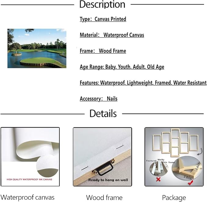 USA Golf Course Wall Art TPC Sawgrass Golf Course Pictures Prints Golf Wall Decor for Living Room Bedroom Home Decorations Golf Canvas Framed Artwork Ready to Hang(18''H x 24''W)