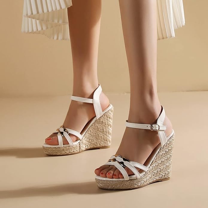 VOKLIN Women's Casual Espadrilles Wedge Sandals Open Toe Ankle Strap Metallic Chunky Platform Dressy Sandal
