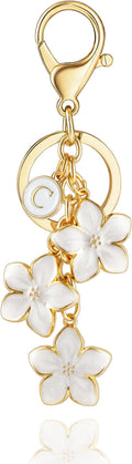 XGALBLA White/Pink/Black Big Cute Flower Initial Letter Keychain for Women, Flower Bag Charms Enameled Keychain Handbag Purse