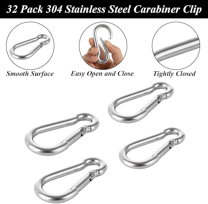 MIVIDE 32 Pack M6 x 2.36 inch Carabiner Clips Spring Snap Hook, 304 Stainless Steel Heavy Duty Snap Hooks Carabiner Quick Link Clip for Camping Hiking Traveling Outdoor Swing Gym, 260Lbs Capacity