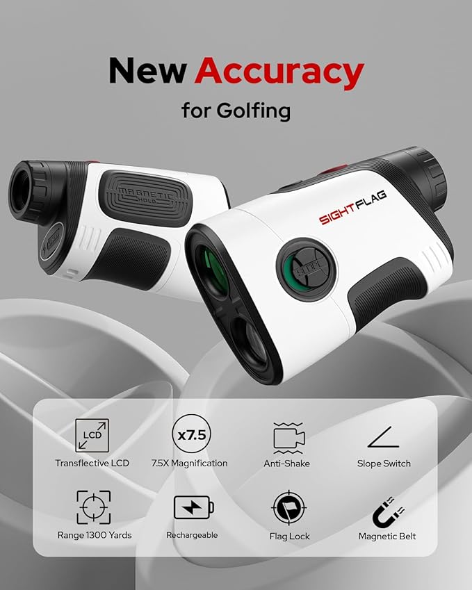 GF2 Golf Rangefinder with Slope, 1300 Yards Laser Range Finder, 7.5X Magnification, Flag Pole Locking Vibration 0.3 Yard Accuracy, Rechargeable Magnetic Golf Accessories Gift for Men Women