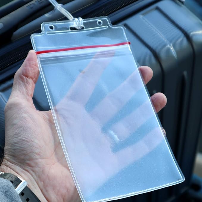 Bulk 25 Pack - Large Luggage Tags - Clear 4x6 Heavy Duty Cruise Ship I'd Tag/Golf Bag Travel Document Holder with 9" Plastic Loop - Waterproof Immunization Card Zip Pouch for Backpack by Specialist ID