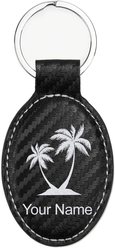 LaserGram Oval Keychain, Palm Trees, Personalized Engraving Included (Carbon Fiber Black with Silver)