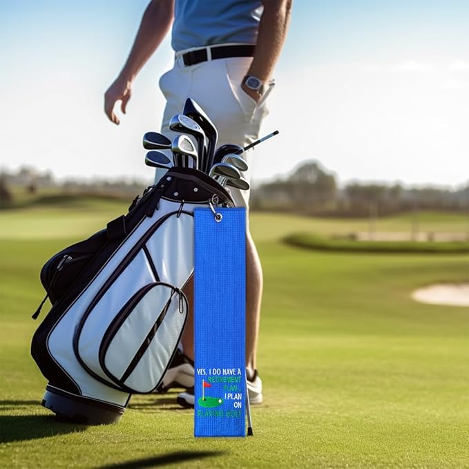 ERHACHAIJIA Yes I'd Have A Retirement Plan Embroidered Golf Towel with Clip. Funny Golf Accessories Gifts for Men Women Golfer Grandma Grandpa Mom Dad, Retirement (Blue)