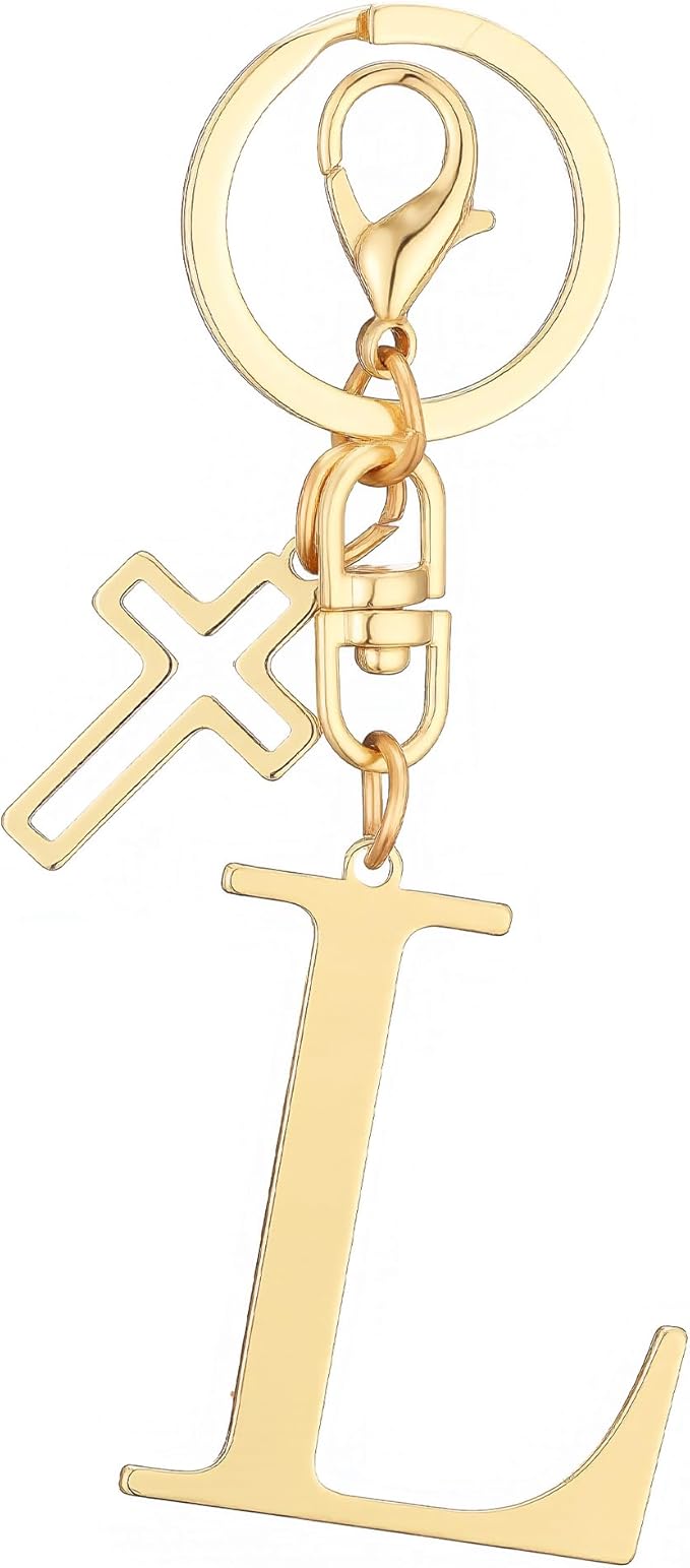 Gold Initial Keychain for Women A-Z Letter Cross Keychains Alphabet Key Chain bag Accessories Gift for Christian