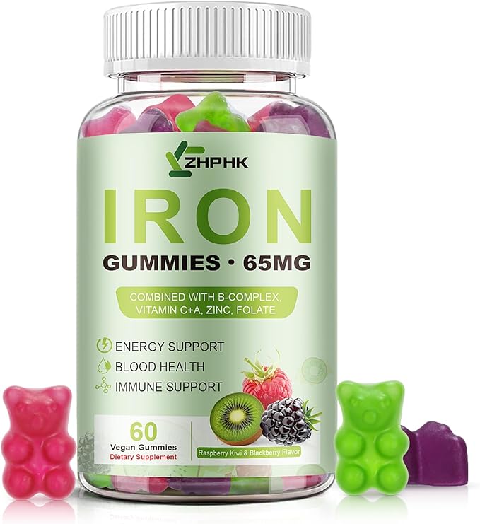 Iron Supplement for Women, Men & Kids, 65mg & Vitamin C 250mg per Serving with B6 B12 Folate- Energy Support for Iron Deficiency, Anemia, Vegan GummyRaspberry Kiwi & BlackBerry Flavor, 60 Gummies